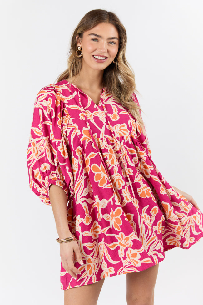 Keep The Flowers Fuchsia Floral Print Long Sleeve Mini Dress FINAL SALE