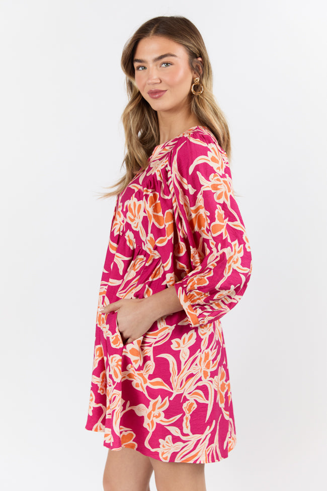 Keep The Flowers Fuchsia Floral Print Long Sleeve Mini Dress FINAL SALE - Image 5