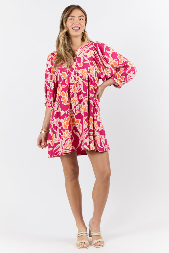 Keep The Flowers Fuchsia Floral Print Long Sleeve Mini Dress FINAL SALE - Image 2