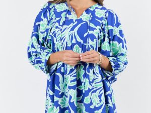 Keep The Flowers Blue and Green Floral Print Long Sleeve Mini Dress FINAL SALE