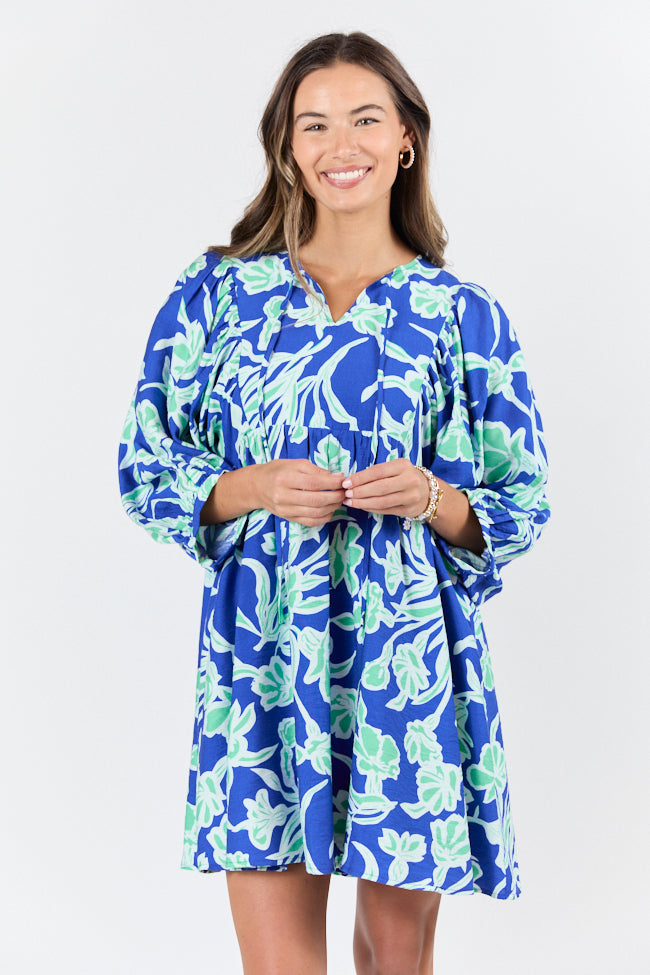 Keep The Flowers Blue and Green Floral Print Long Sleeve Mini Dress FINAL SALE