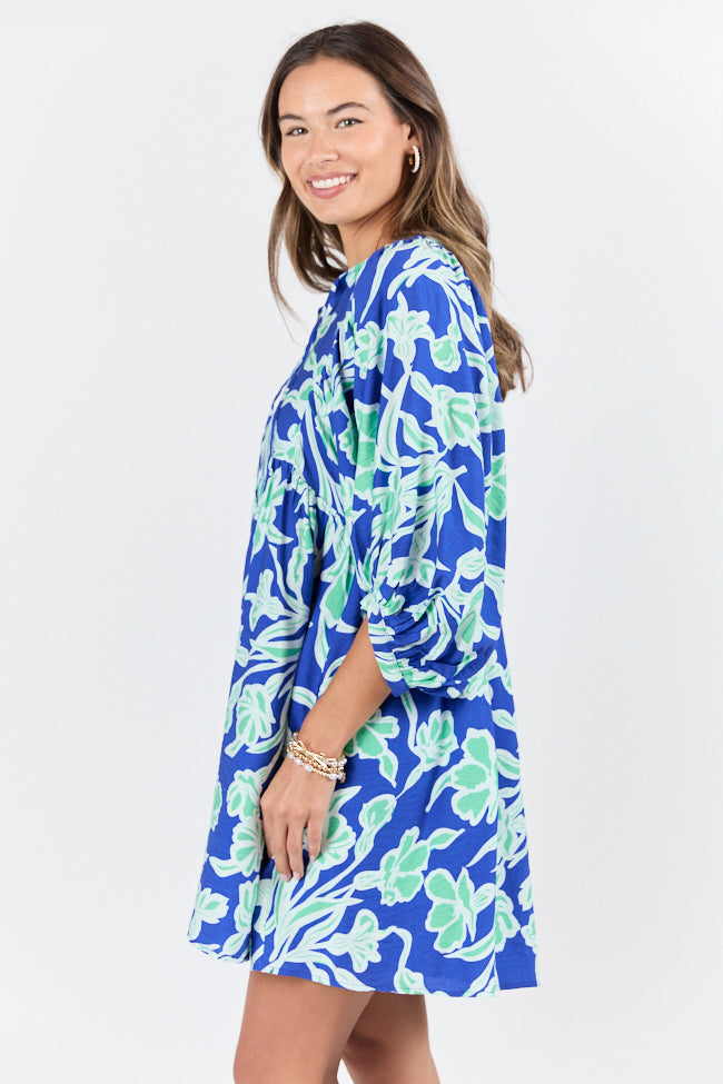 Keep The Flowers Blue and Green Floral Print Long Sleeve Mini Dress FINAL SALE - Image 4