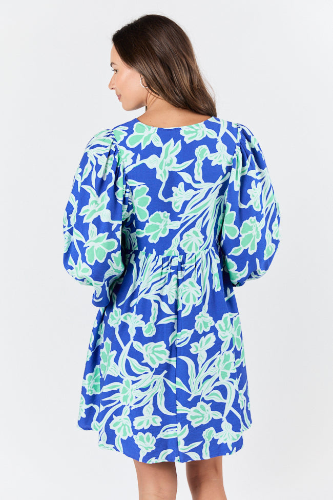 Keep The Flowers Blue and Green Floral Print Long Sleeve Mini Dress FINAL SALE - Image 5