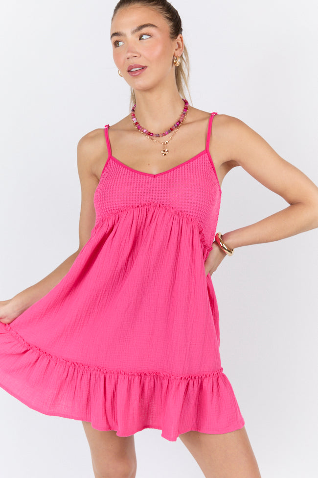 Sunny Day Stroll Pink Waffle & Gauze Mini Dress FINAL SALE