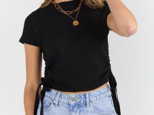 On The Road Again Black Waffle Knit Ruched Side Tee FINAL SALE