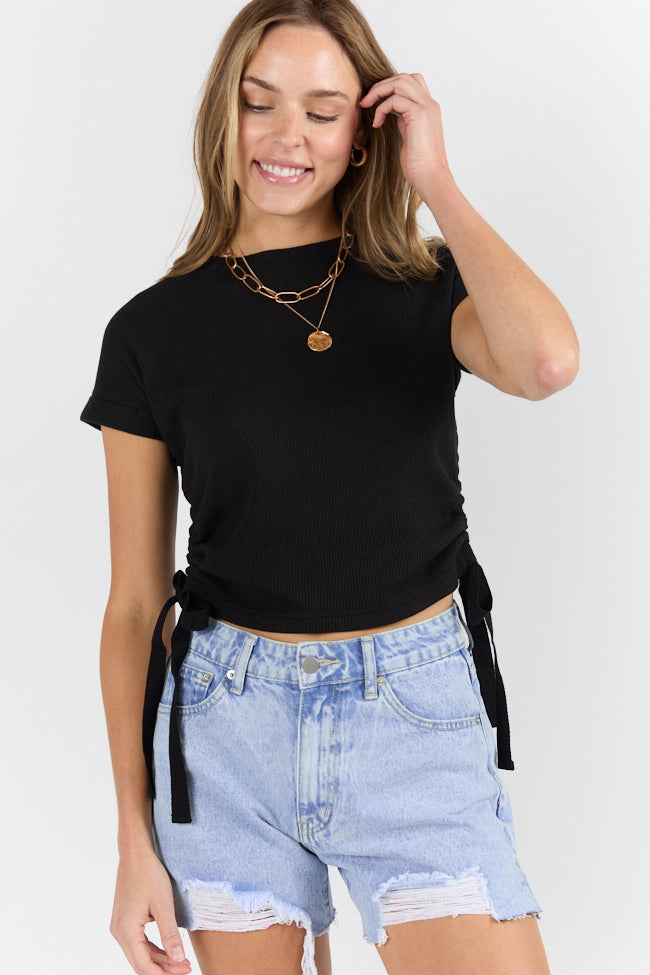 On The Road Again Black Waffle Knit Ruched Side Tee FINAL SALE