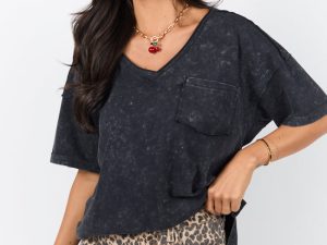 When We Meet Black Oversized Acid Wash V-Neck Tee FINAL SALE