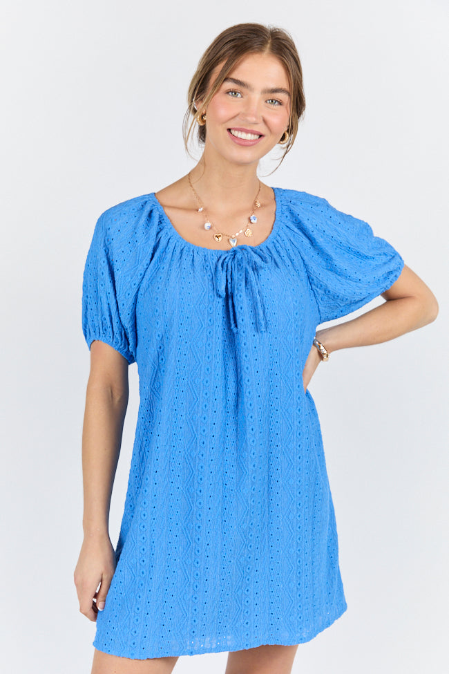 On A Whim Blue Knit Eyelet Short Sleeve Dress FINAL SALE