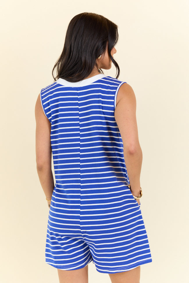 Playful Feelings Blue and White Stripe Knit Romper FINAL SALE - Image 5