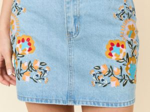 Garden Of Grace Floral Embroidered Denim Skirt FINAL SALE