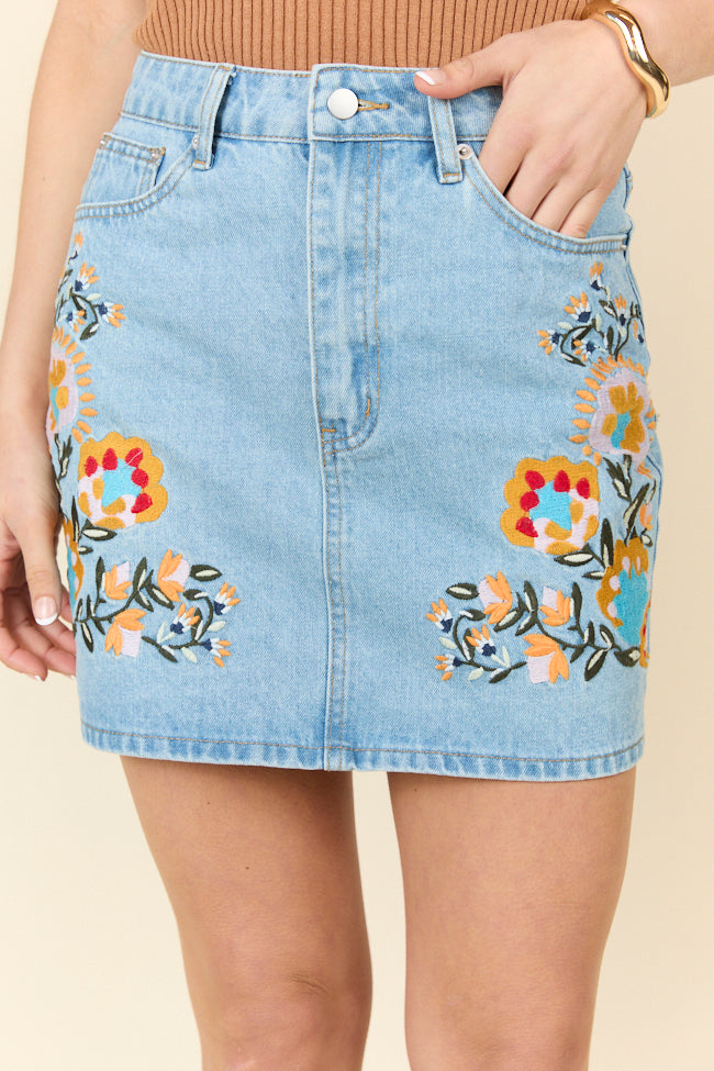 Garden Of Grace Floral Embroidered Denim Skirt FINAL SALE