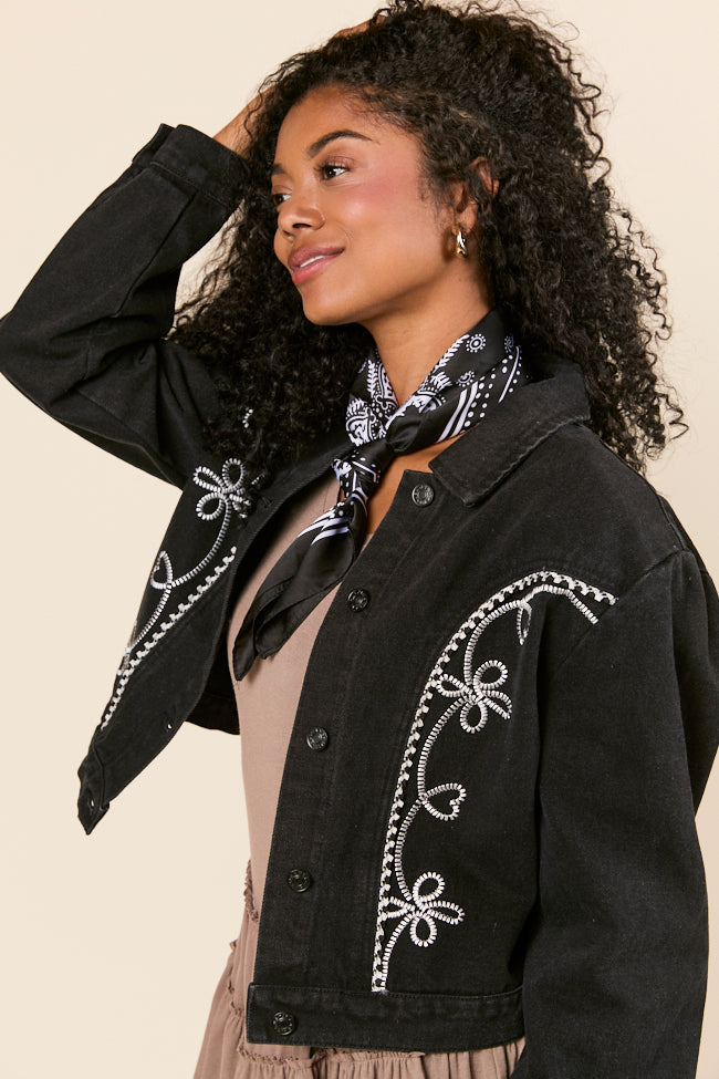 Danielle Black Embroidered Denim Jacket - Image 6