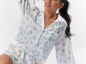 Sleep On My Side Blue Floral Satin Long Sleeve Pajama Top FINAL SALE