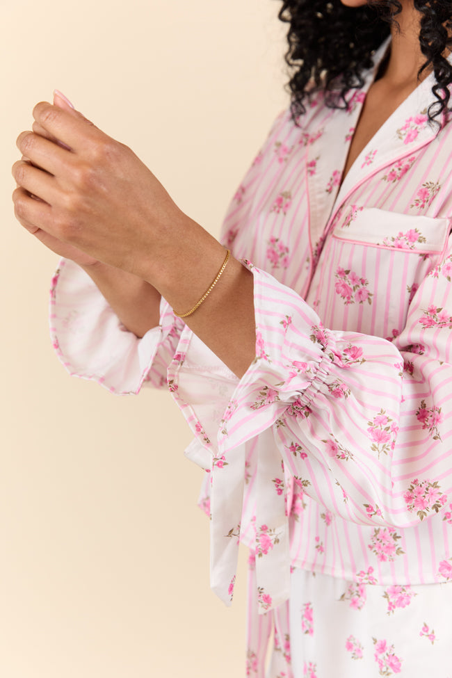 Sleep On My Side Pink Floral Satin Long Sleeve Pajama Top FINAL SALE - Image 5