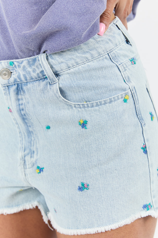 Faded Gardens Light Wash Floral Embroidered Denim Shorts FINAL SALE - Image 2