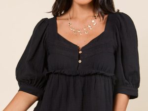 No Rush Black Babydoll Button Woven Top FINAL SALE