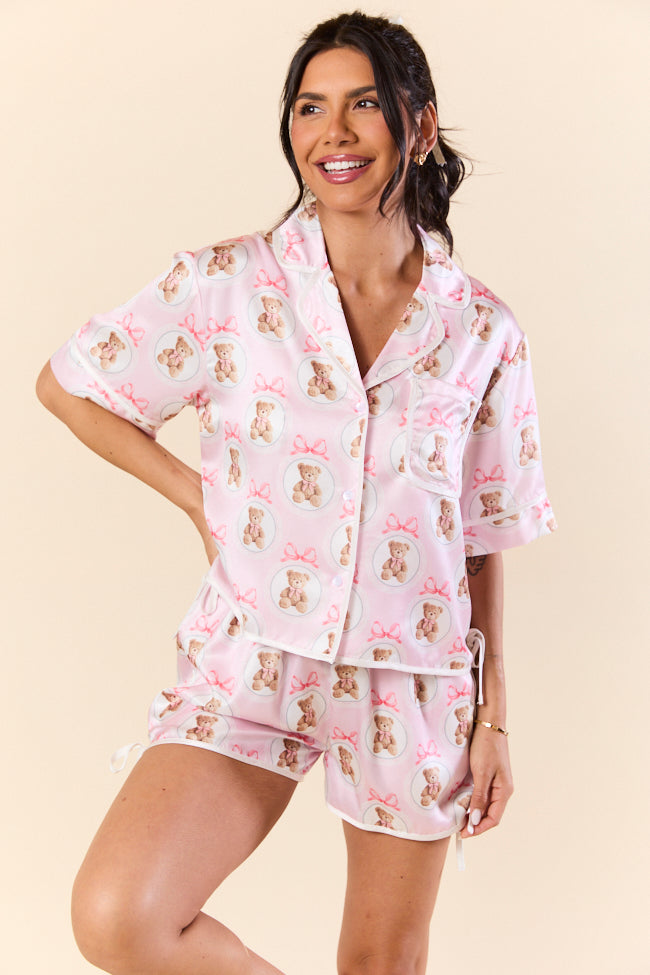 Snuggled Up Teddy Bear Printed Contrast Tie Detail Satin Short Sleeve Pajama Top FINAL SALE - Image 3