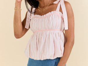 Makes My Heart Smile Pink and Cream Striped Tie Shoulder Top FINAL SALE