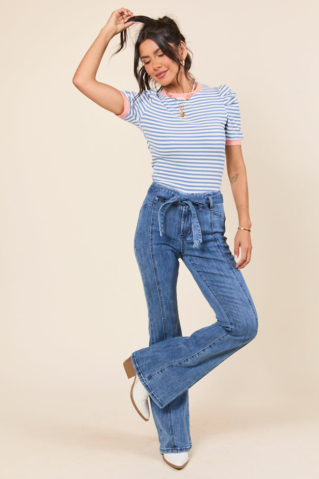 Jocelyn Dark Wash Tie Waist Flare Leg Jeans - Image 2