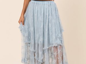 Cynthia Dusty Blue All Over Lace Hanky Hem Skirt