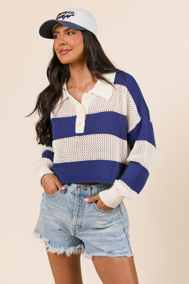 Zebb Long Sleeve Navy Blue Striped Open Knit Sweater FINAL SALE - Image 4
