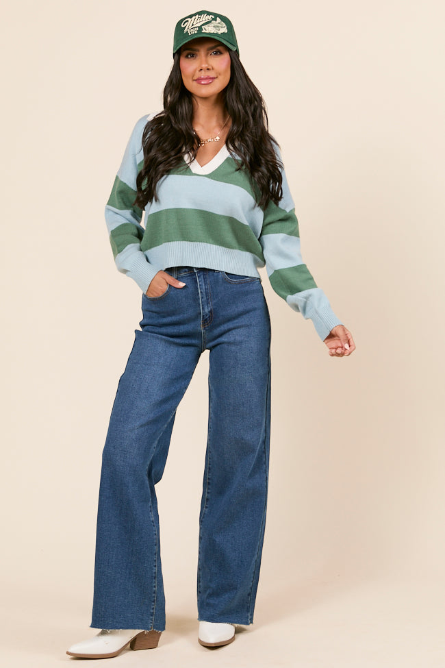 Hibiscus Blue and Green Striped Collared V-Neck Sweater - Image 4