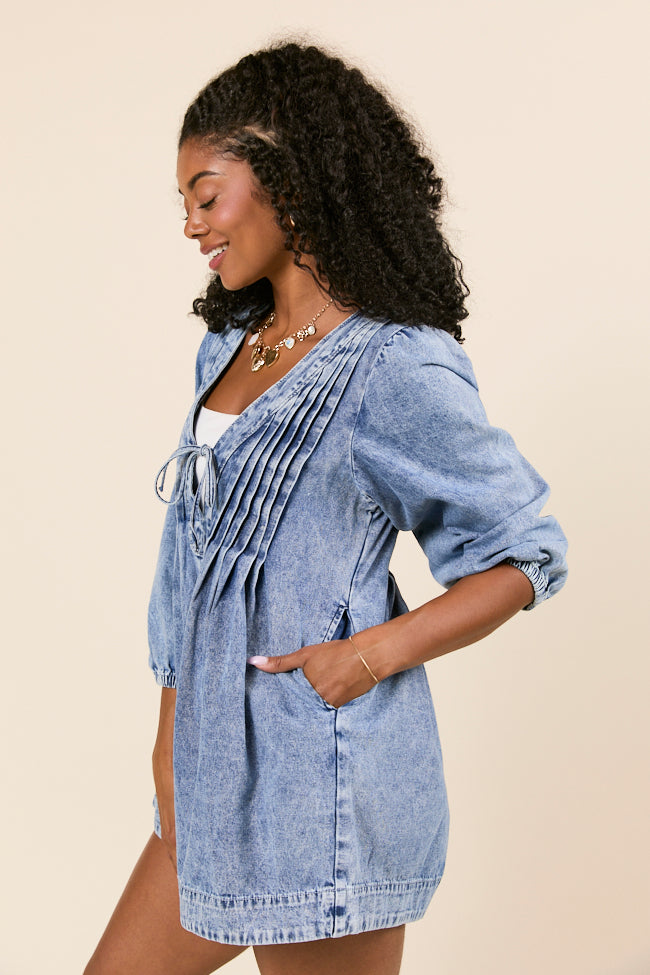 Eleanor Long Sleeve Blue Chambray Romper - Image 5