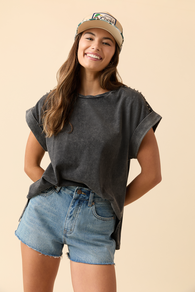 Kamryn Studded Short Sleeve Black Acid Wash Tee FINAL SALE