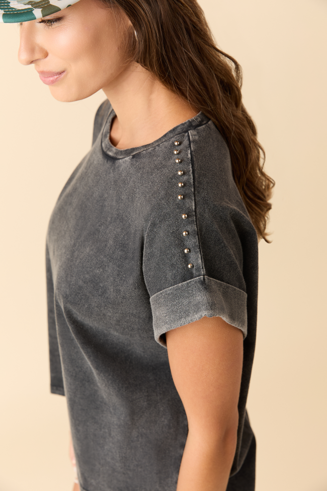 Kamryn Studded Short Sleeve Black Acid Wash Tee FINAL SALE - Image 2