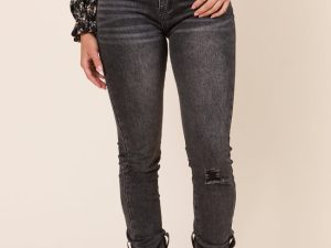 Annie High Rise Black Distressed Slim Straight Leg Jeans