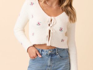 Jordyn Long Sleeve Ivory Tie Front Floral Embroidered Cardigan
