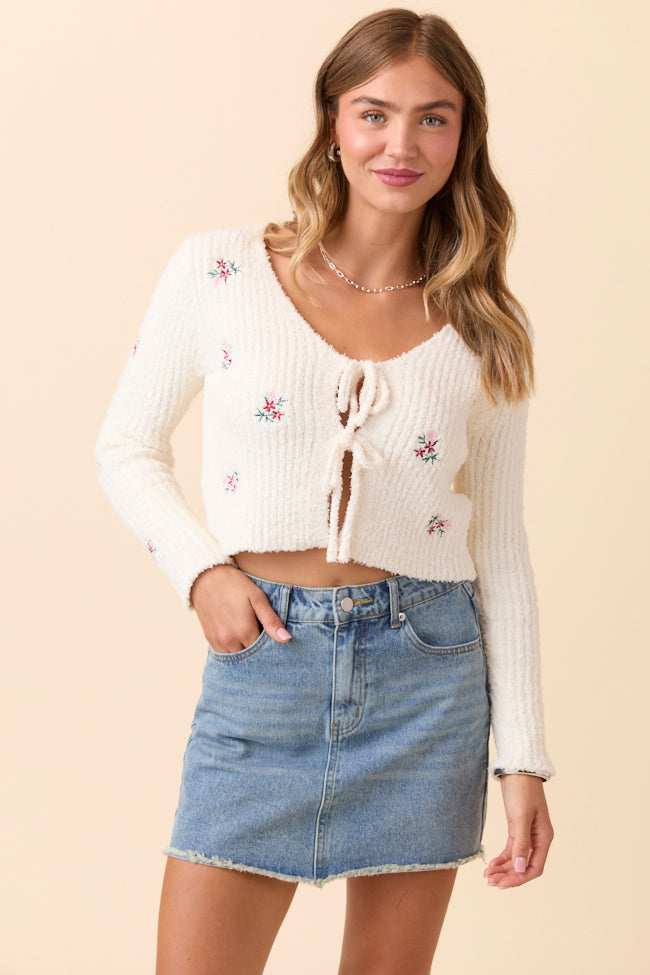 Jordyn Long Sleeve Ivory Tie Front Floral Embroidered Cardigan
