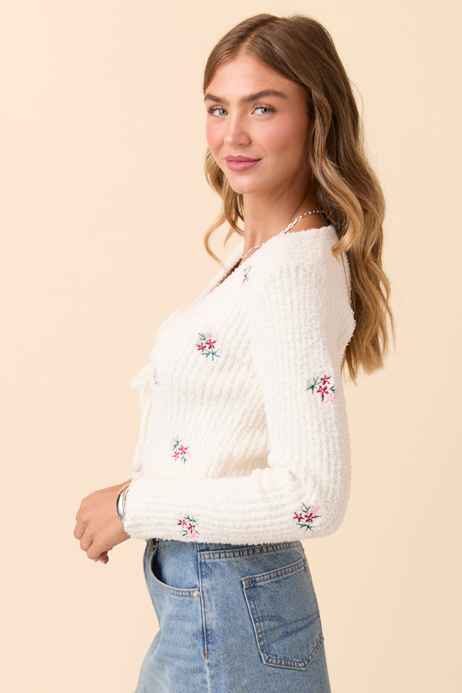 Jordyn Long Sleeve Ivory Tie Front Floral Embroidered Cardigan - Image 5
