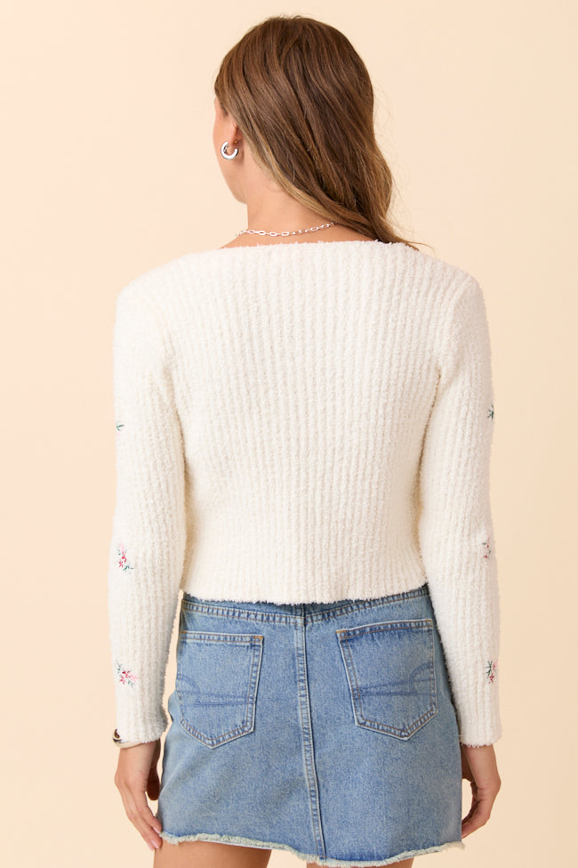 Jordyn Long Sleeve Ivory Tie Front Floral Embroidered Cardigan - Image 6