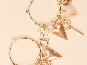 Lacy Gold Heart Charm Hoop Earrings