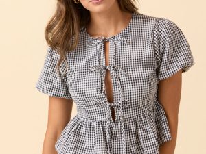 Mila Black Gingham Tie Front Flounce Woven Blouse