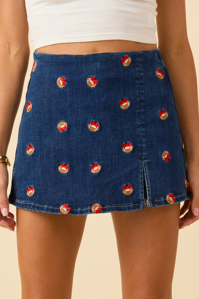 My Favorite Dark Wash Football Embroidery Skort FINAL SALE