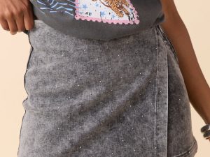 My Favorite Black Wash Rhinestone Studded Denim Skort