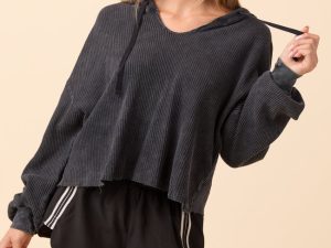 Marnie Black Long Sleeve Mineral Wash Thermal Hoodie