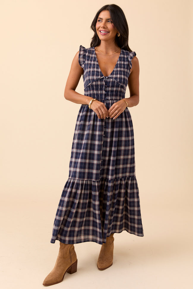 Ruth Navy Blue Plaid Maxi Dress - Image 2