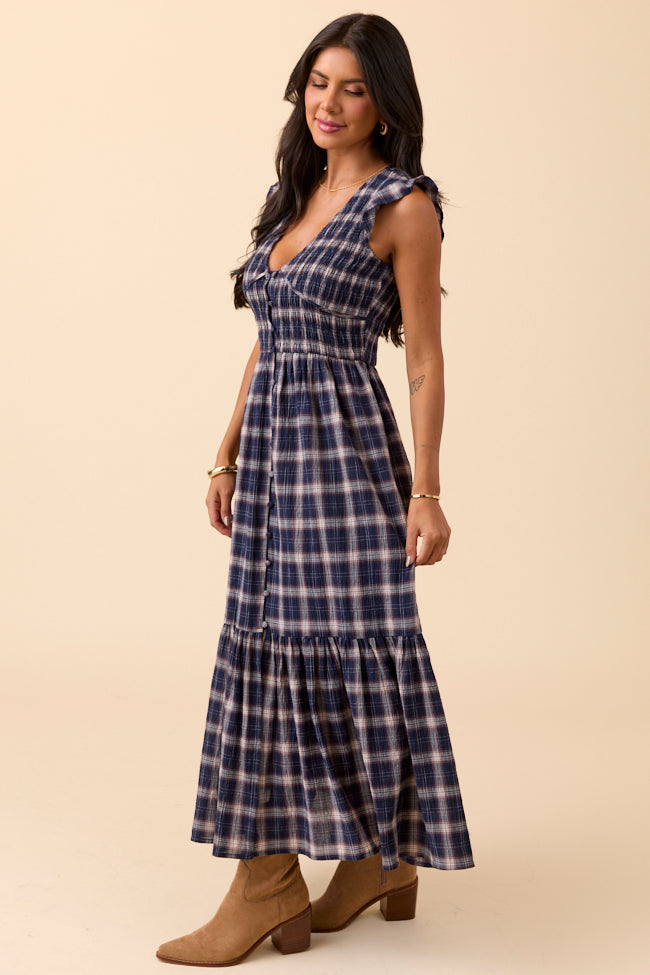 Ruth Navy Blue Plaid Maxi Dress - Image 3