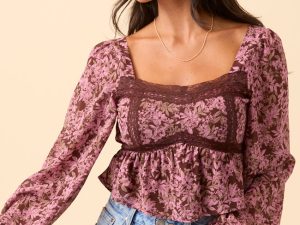 Ann Maria Brown And Pink Lace Trim Floral Blouse