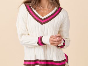 Paris Pink And Brown Varsity Stripe Cable Knit V-neck Pullover FINAL SALE