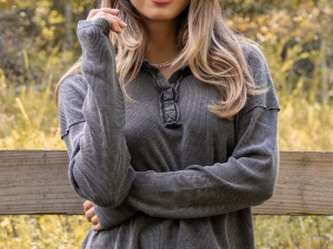 Leaf Your Worries Black Acid Washed Waffle Collared Top