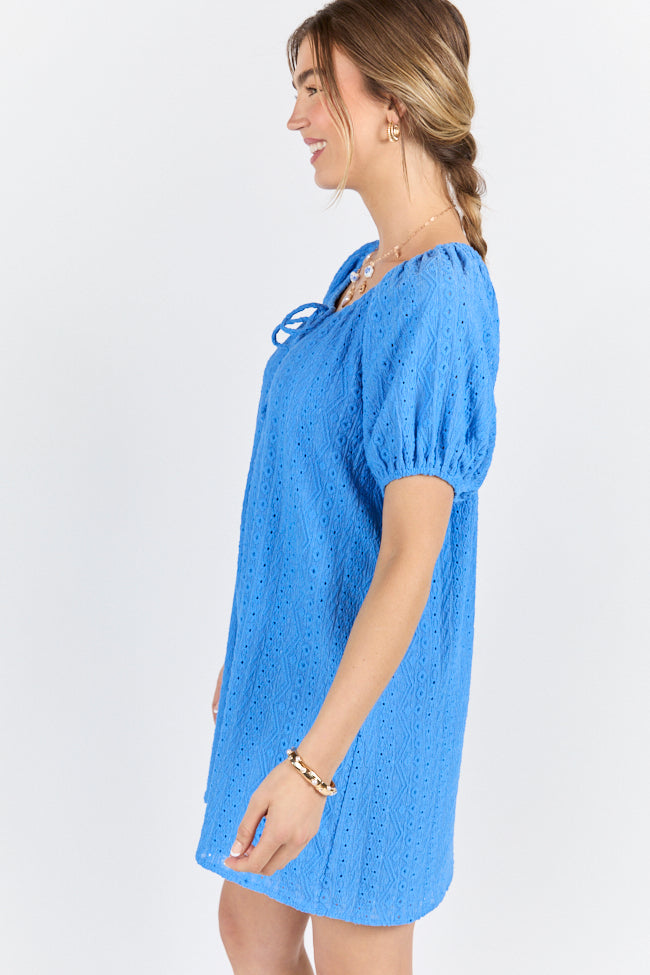 On A Whim Blue Knit Eyelet Short Sleeve Dress FINAL SALE - Image 4