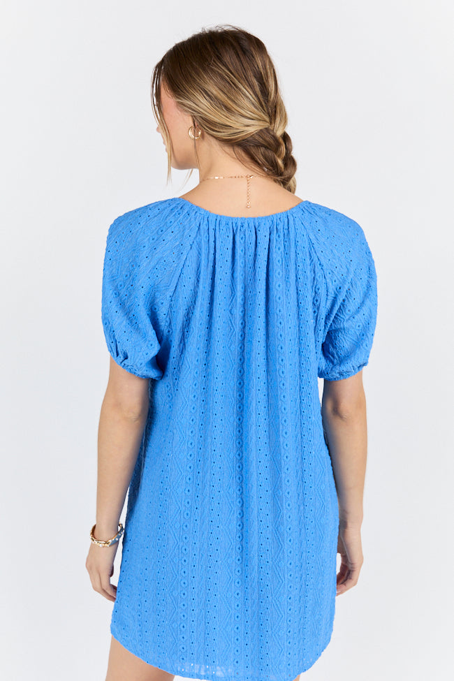 On A Whim Blue Knit Eyelet Short Sleeve Dress FINAL SALE - Image 5