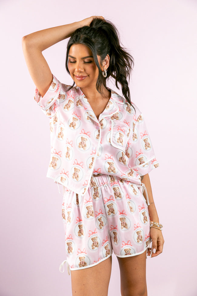 Snuggled Up Teddy Bear Printed Contrast Tie Detail Satin Pajama Shorts FINAL SALE