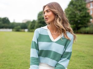 Hibiscus Blue and Green Striped Collared V-Neck Sweater