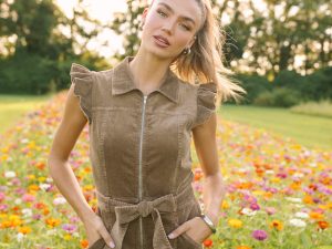 Amelie Brown Corduroy Ruffle Sleeve Romper