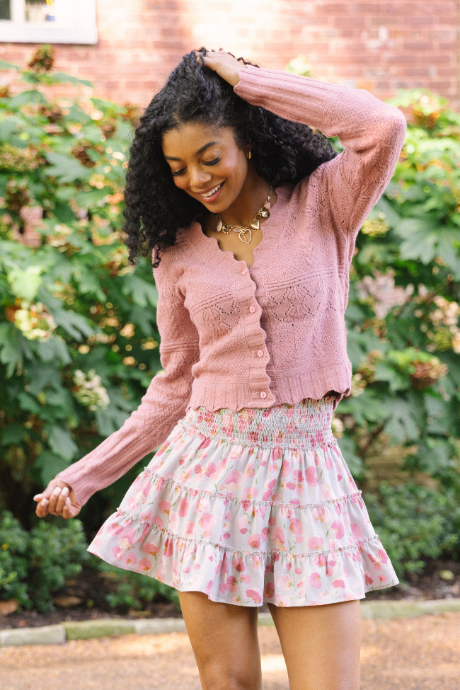Quinn Pink Pointelle Peplum Cardigan